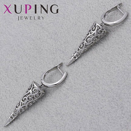 Серёжки английская застежка сребристого цвета Xuping Jewelry покрыты родием конусы с рисунком размер 45х10 мм, фото 1