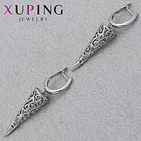 Серёжки английская застежка сребристого цвета Xuping Jewelry покрыты родием конусы с рисунком размер 45х10 мм