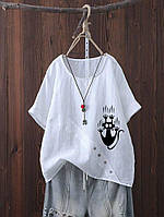 Женская льняная блуза свободного кроя + качественный накат большие размеры Арт 292А380 46/48 Белый