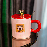 Чашка с крышкой и ложкой 300 мл керамическая "Медвежонок" Розовая