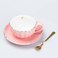 Чашка керамическая с блюдцем и ложкой 200 мл Розовая