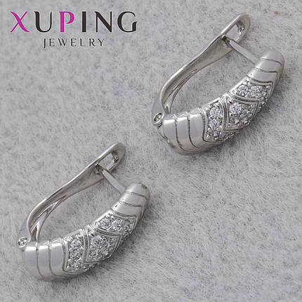 Серёжки английская застежка сребристого цвета Xuping Jewelry покрыты родием кристаллы мелкие с насечками16х6мм, фото 1