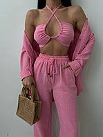 Пудровый летний женский костюм 3-ка креп-жатка: Свободные Брюки, Топ-лиф на завязках и удлиненная Рубашка