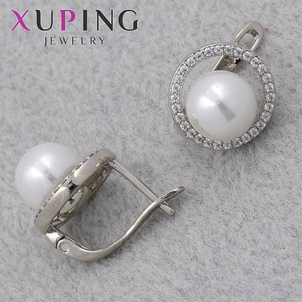 Серёжки английская застежка сребристого цвета Xuping Jewelry покрыты родием круг кристаллы +жемчужина 10х10 мм, фото 1