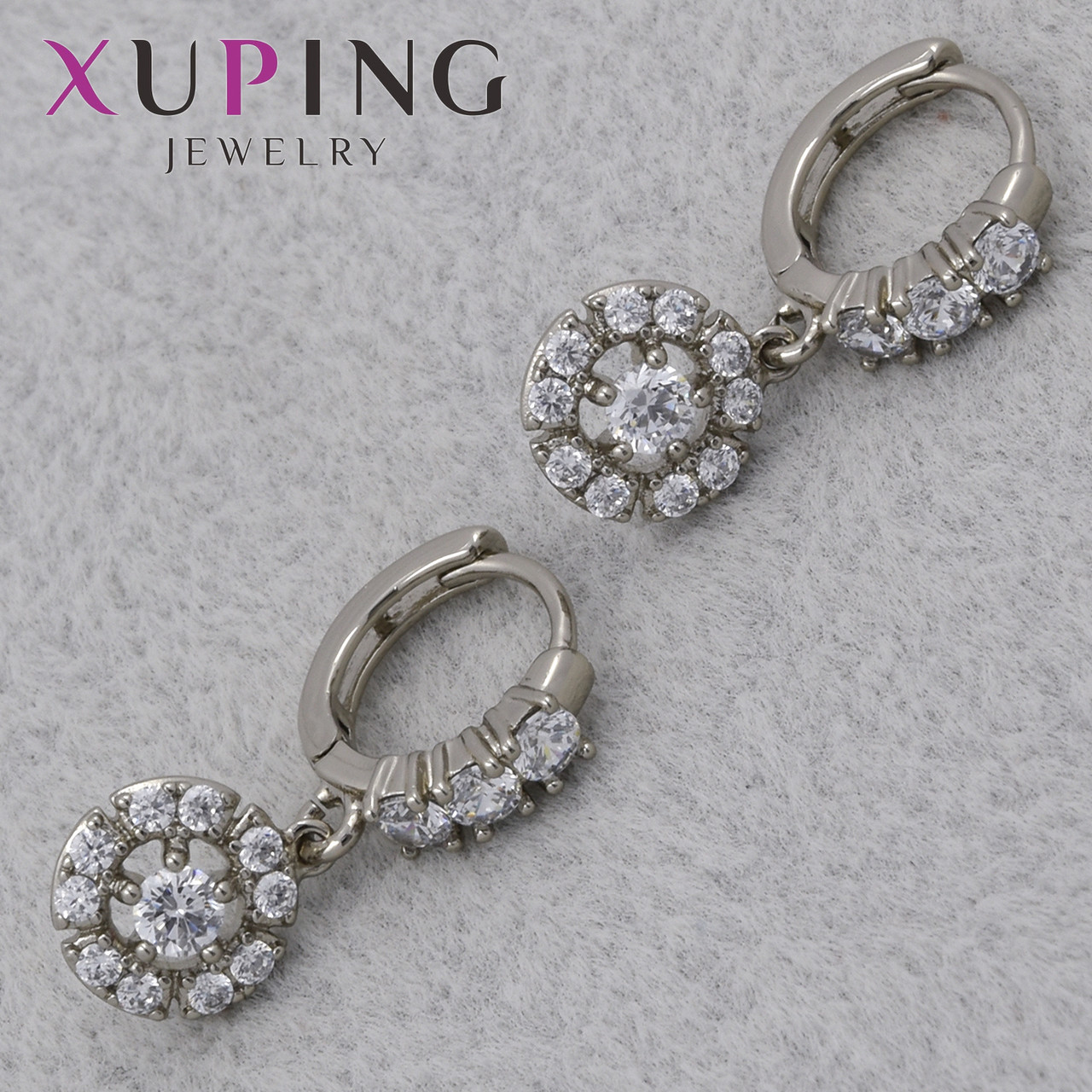 Сережки застібка у формі кільця сріблястого кольору Xuping Jewelry покриті родістю круг кристали кільця 23х10 мм