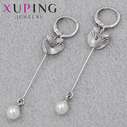 Серёжки застежка в виде кольца сребристого цвета XupingJewelry покрыты родием сердца длинные с бусинами  55 мм, фото 1