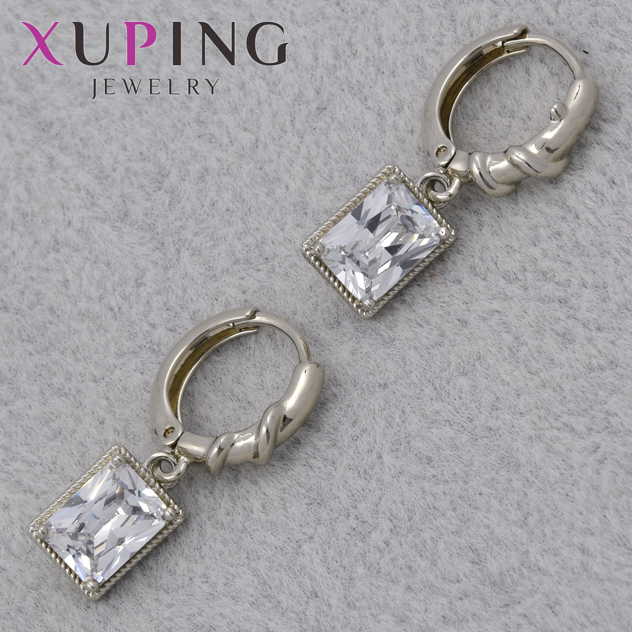 Серёжки застежка в виде кольца сребристого цвета Xuping Jewelry покрыты родием кристалл прямоугольник  25х8 мм