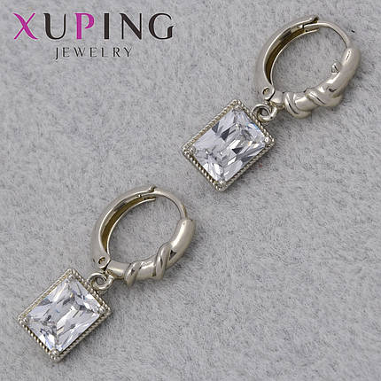 Серёжки застежка в виде кольца сребристого цвета Xuping Jewelry покрыты родием кристалл прямоугольник 25х8 мм, фото 1