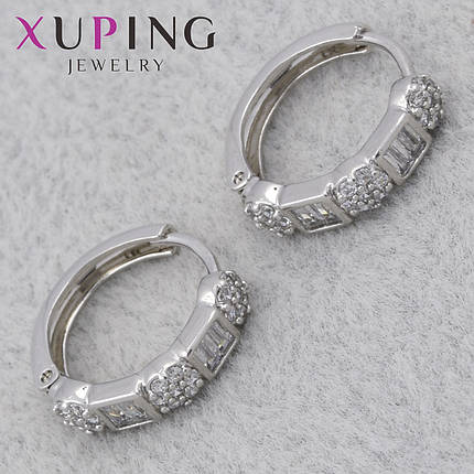 Серёжки застежка в виде кольца сребристого цвета Xuping Jewelry покрыты родием колечки кристаллы 16х16 мм, фото 1
