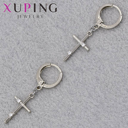 Серёжки застежка в виде кольца сребристого цвета Xuping Jewelry покрыты родием крестики с кристаллами 30х15 мм, фото 1