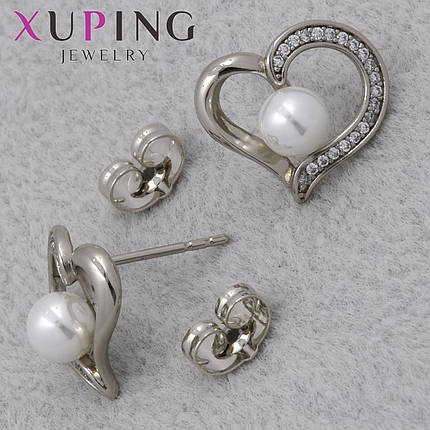 Серёжки гвоздик застежка сребристого цвета Xuping Jewelry покрыты родием сердечки с жемчужиной 18х15 мм, фото 1