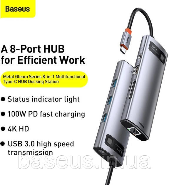 Type-C-Хаб Baseus Metal Gleam Series 8-in-1 Multifunctional (Type-C to HDMI*1+USB3.0*3+PD*1+RJ45*1+SD/TF*1)