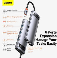 Type-C-Хаб Baseus Metal Gleam Series 8-in-1 Multifunctional (Type-C to HDMI*1+USB3.0*3+PD*1+RJ45*1+SD/TF*1), фото 3