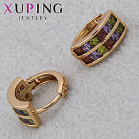 Серёжки застежка колечко золотистого цвета Xuping позолота 18 К колечки кристаллы разных цветов 12х7 мм