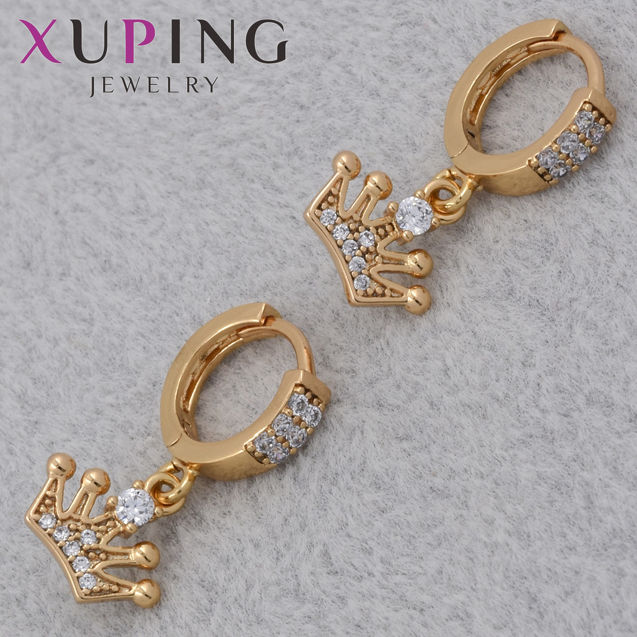 Серёжки застежка колечко золотистого цвета Xuping позолота 18 К колечки коронки с кристаллами размер 20х10 мм - фото 1 - id-p2213527153