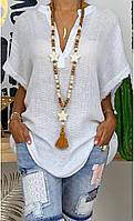 Женская льняная блуза свободного кроя стойка воротник большие размеры Арт 297А400 46/48 Белый