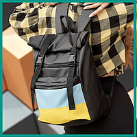 Женский рюкзак ролл RollTop LTH черный с флагом Украины Патриотический рюкзак из эко кожи среднего размера @