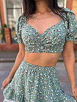 Женский трендовый нежный лёгкий летний костюм двойка короткий топ на кулиске и укороченная юбка