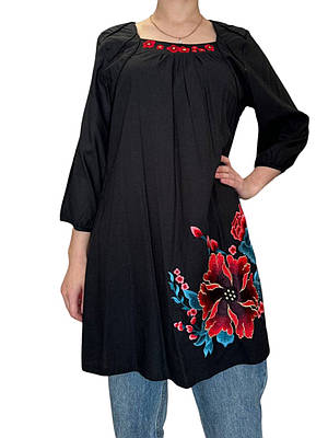 Жіноча сукня чорна довгий рукав бавовна з маками
