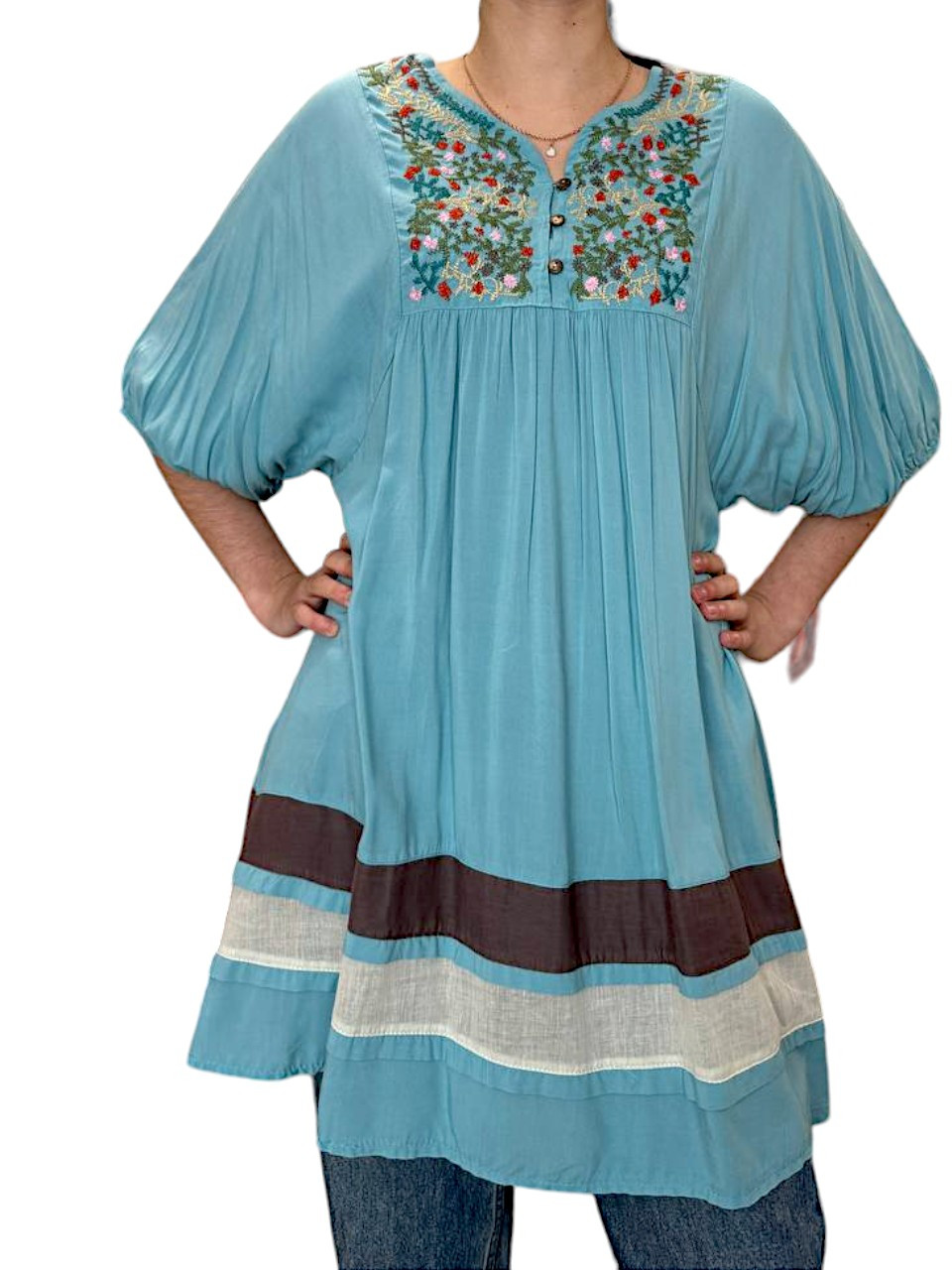 Жіноча сукня туніка вишиванка коротка блакитна з кокеткою