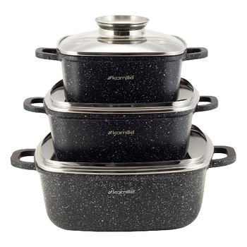 Набір каструль 7 предметів квадратні (каструлі d20см-2,3л/d24см-4,4л/28см-6,5л + прихватки) 4435 KAMILLE