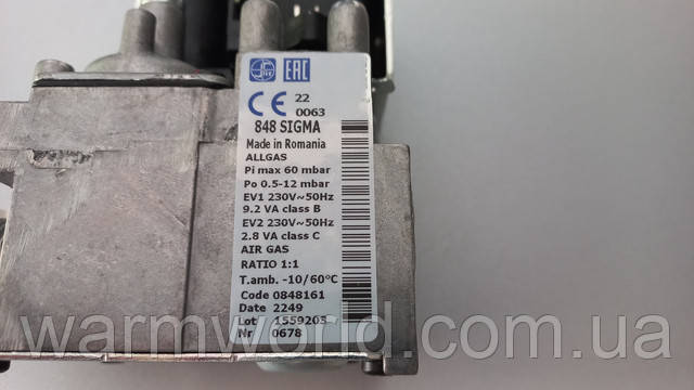 0063 848 Sigma Made in Romania ALLGAS Pi max 60 mbar Po 0.5-12 mbar EV1 230V 50Hz 9.2 VA class B EV2 230V 50Hz 2.8 VA class C AIR GAS RATIO 1:1 T.amb. -10/60°C Date 2249 Lot 1559203 Nr 0678 0063 848 Sigma Made in Romania ALLGAS Pi max 60 mbar Po 0.5-12 mbar EV1 230V 50Hz 9.2 VA class B EV2 230V 50Hz 2.8 VA class C AIR GAS RATIO 1:1 T.amb. -10/60°C Date 2249 Lot 1559203 Nr 0678