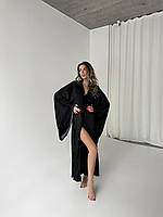 Женский черный домашний шелковый халат с кружевом длинный