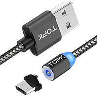 Кабель micro usb Магнитный 2 метра TOPK AM23 MiсroUSB 2.4A Зарядный кабель для телефона Черный UAA