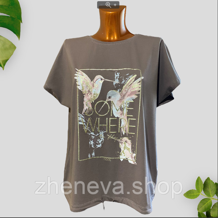 Модна яскрава жіноча футболка, на кулісці з принтом, Птахи, різні кольори,р 52-54, оверсайз, фото 1
