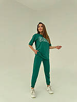 Модный женский спортивный костюм с надписью футболка штаны двухнитка Турция: малина, зелень, бежевый, серый