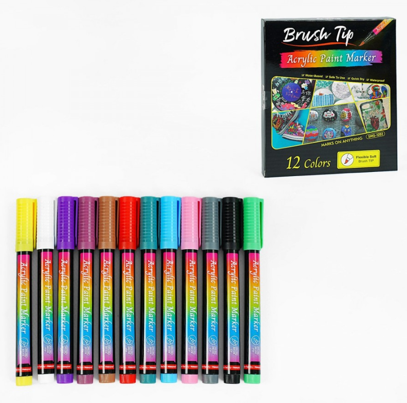 Маркеры акриловые для рисования, 12 ярких цветов и мягкая кисть С 65251 ...