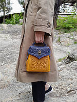 Кожаная женская сине-желтая сумка-рюкзак ручной работы "Венеция", рюкзак трансформер синий с желтым