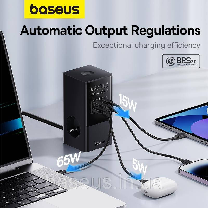 Зарядний пристрій BASEUS GaN PowerCombo Tower Power Strip 2AC+2U+2C 100W Black (E00023609113-00)