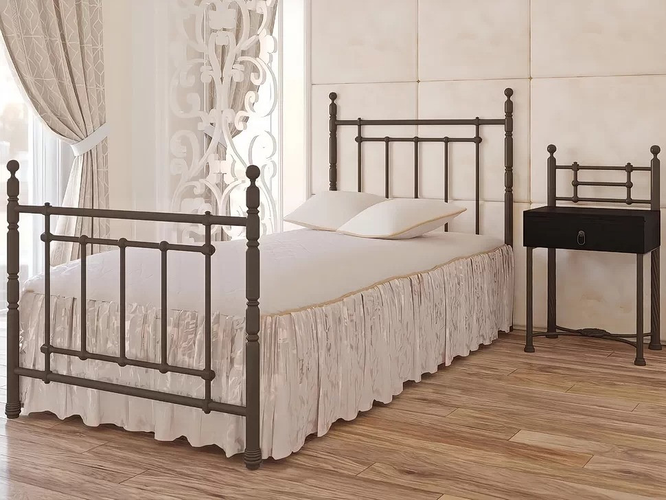 Ліжко односпальне металеве з буковими ламелями Неаполь Міні Метал-Дизайн Сірий, фото 1