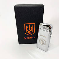 Дуговая электроимпульсная USB зажигалка Герб Украины (индикатор заряда, фонарик) HL-442. QE-678 Цвет: серебро