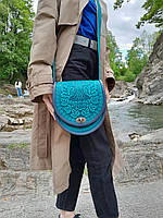Шкіряна жіноча сумка через плече ручної роботи "Калина", бірюзова сумка, сумка бірюзового кольору