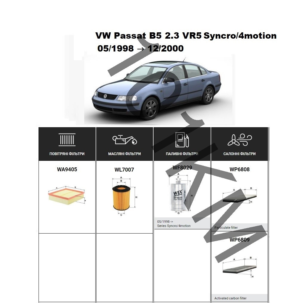 Комплект фільтрів VW Passat B5 2.3 VR5 Syncro/4motion (1998-2000) WIX, фото 1