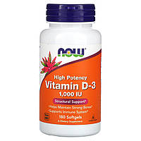 Now Foods, витамин D3, высокоактивный, 25 мкг (1000 МЕ), 180 мягких таблеток