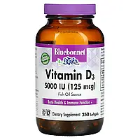 Bluebonnet Nutrition, витамин D3, 5000 МЕ, 250 мягких таблеток