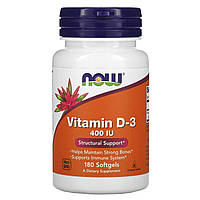 Now Foods, витамин D3, структурная поддержка, 10 мкг (400 МЕ), 180 мягких таблеток