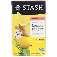 Stash Tea, трав'яний чай, лимон і імбир, без кофеїну, 20 чайних пакетиків, 34 г (1,1 унції)