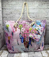 Летняя женская сумка шопер с рисунком Ловец Снов с вязанными ручками яркая пляжная сумка 58х40х17 Розово-фиолетовый