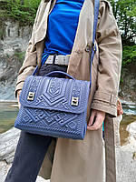 Большая кожаная сумка-портфель ручной работы "Проэкт", синий портфель, синяя сумка через плечо