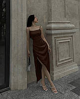 Женское летнее длинное платье из плотного атласа с разрезом размеры XS-L