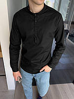 Рубашка мужская льняная прямая с длинным рукавом повседневная летняя Storm черная