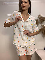 Мусліновий костюм, рубашка шорти у принт сердечко, S- XL