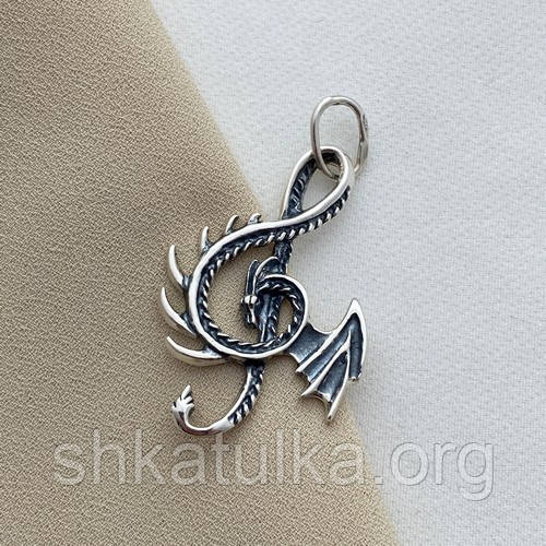 Підвіска срібна дракон у формі скрипкового ключа з чорнінням під шнур або ланцюжок