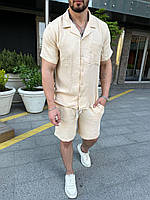 Костюм мужской летний Шорты + Рубашка повседневный комплект муслиновый бежевый
