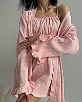 Женская розовая пижама халат+рубашка, стильный современный комплект двойка качественный рубчик принт 46/48