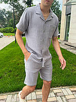 Летний мужской костюм шорты рубашка комплект повседневный муслиновый серый
